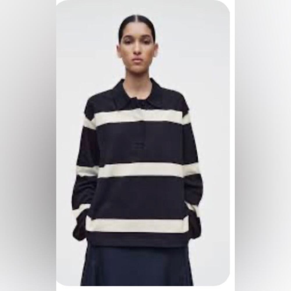 Cos Womens navy Relaxed Striped Long-Sleeved Polo rugby Shirt M cotton preppy